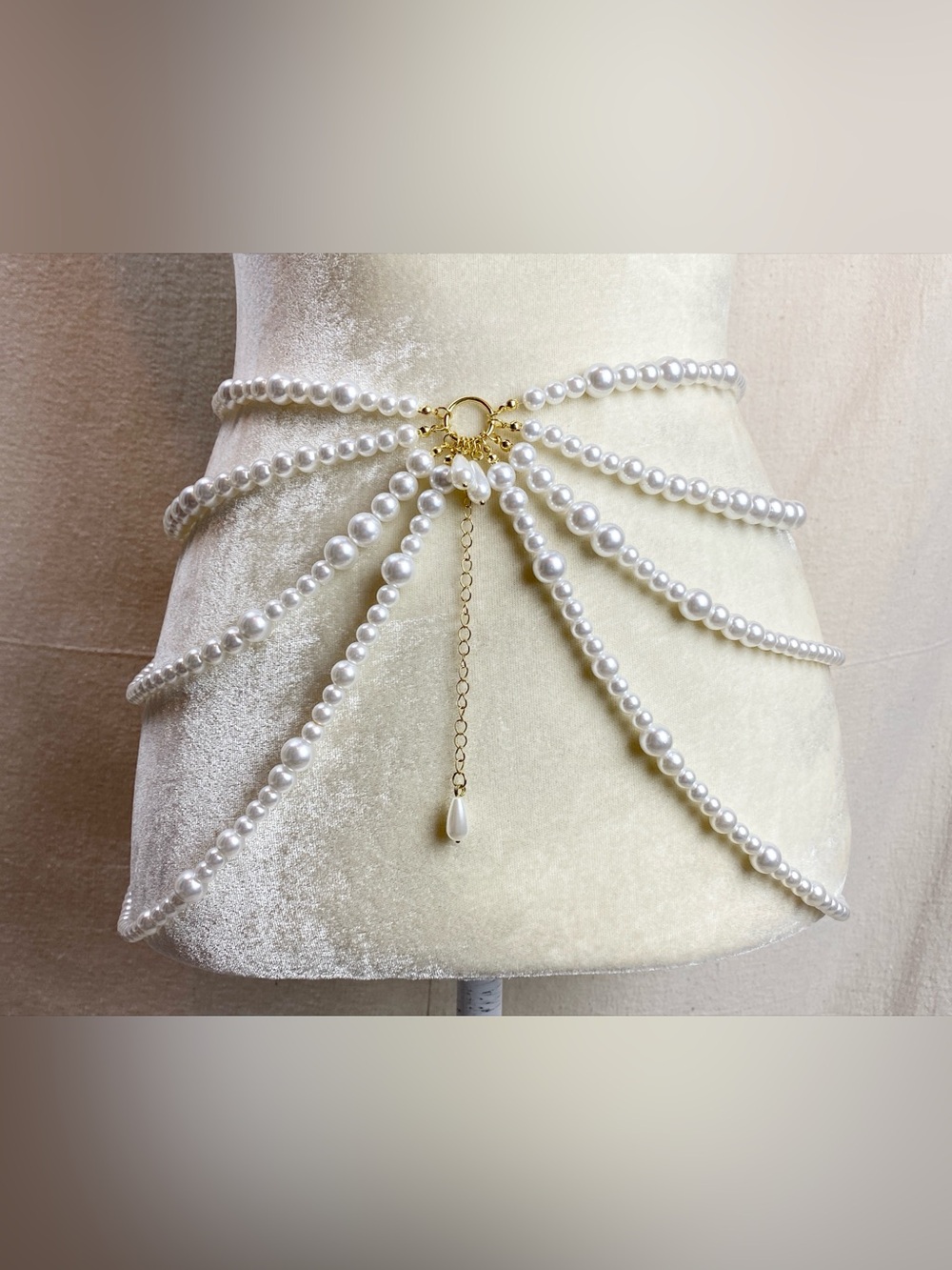 Multi-Strand White Pearl Waist Chain with Gold Accents